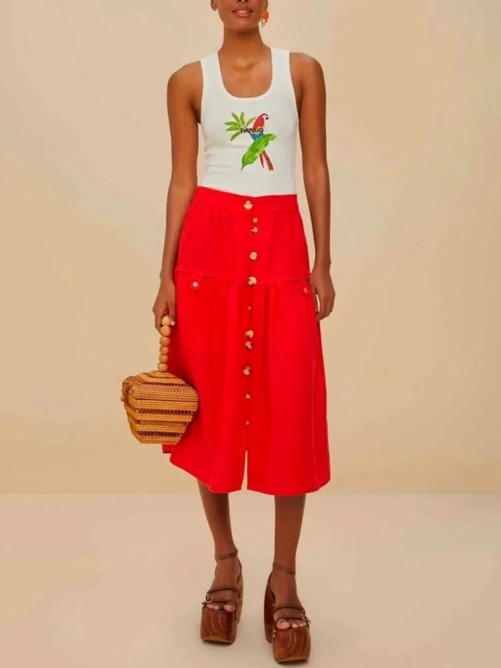 NWOT Farm Rio Red Mixed Buttons Linen Midi Skirt Elastic Waist Size S - Picture 1 of 13